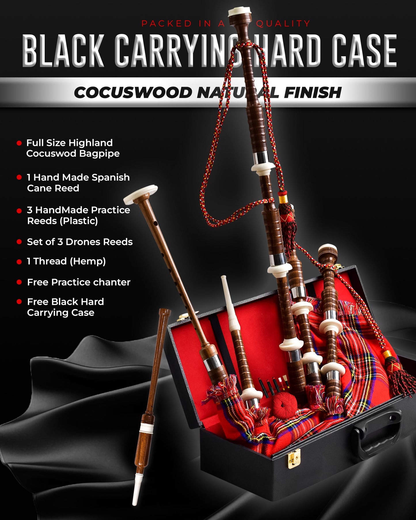 Full Size Cocuswood Bagpipe with Box | Royal Stewart