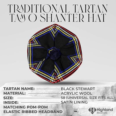 Tam O'Shanter Hat with Pompom | Black Stewart Tartan
