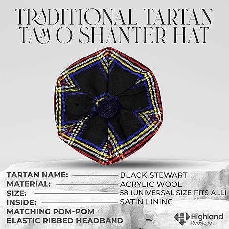 Tam O'Shanter Hat with Pompom | Black Stewart Tartan