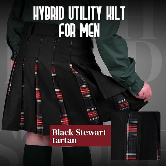Black Stewart Hybrid Utility Kilt for Men  - Traditional Style with Modern Functionality | Big & Tall