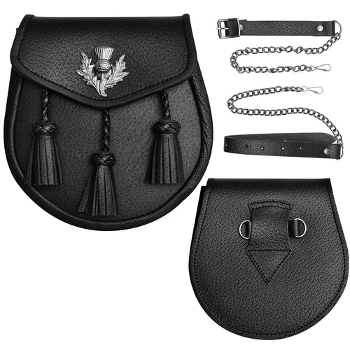 Semi Dress Leather Sporran w/ Thistle Badge I Black Plain