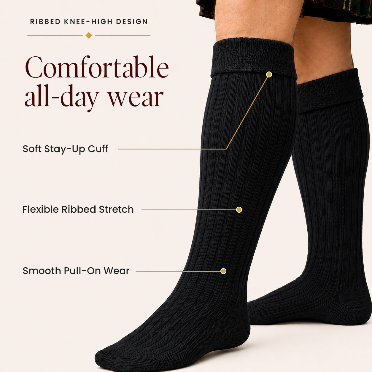 Comfortable Wool Blend Black Kilt Hose | High-Quality Kilt Socks