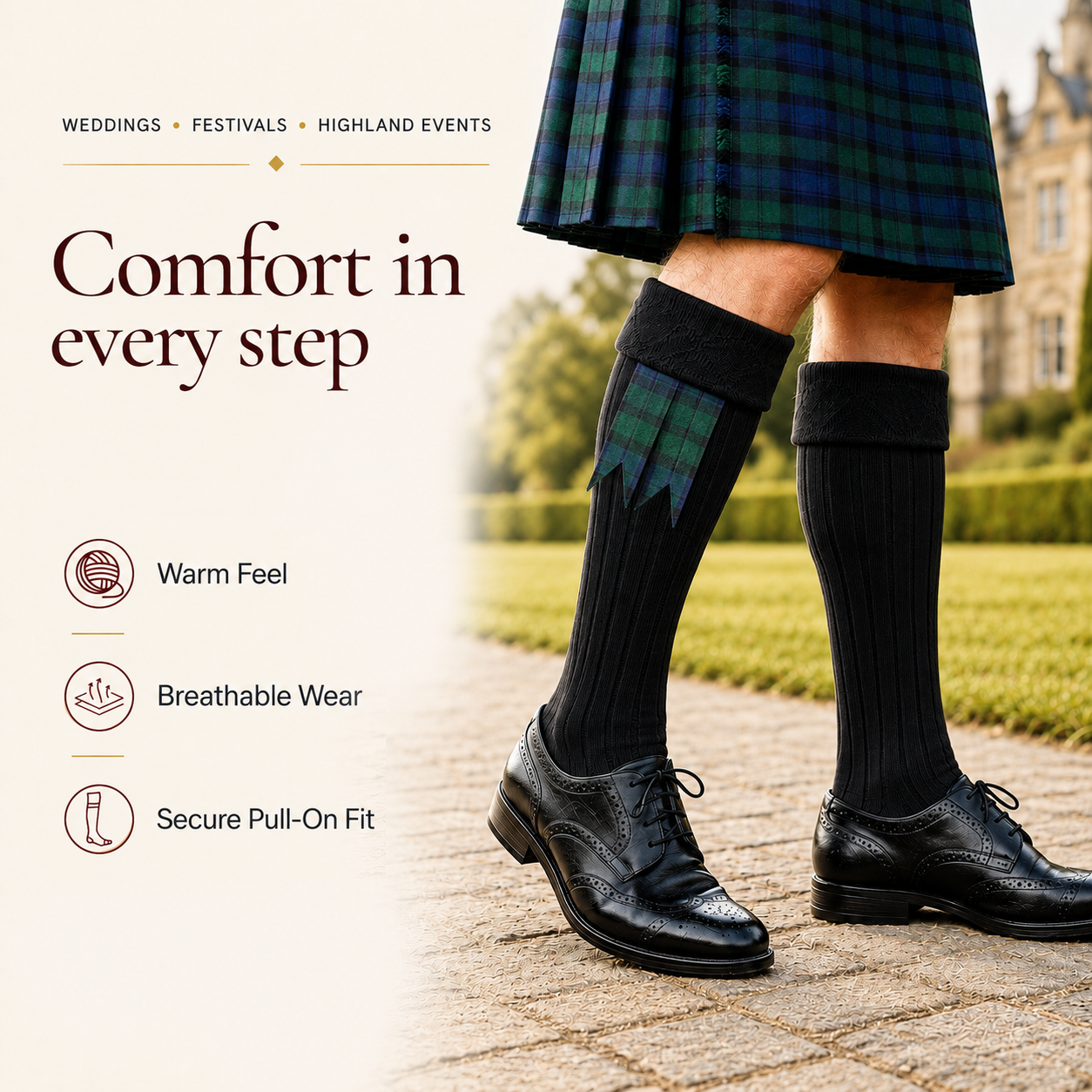 Comfortable Wool Blend Black Kilt Hose | High-Quality Kilt Socks