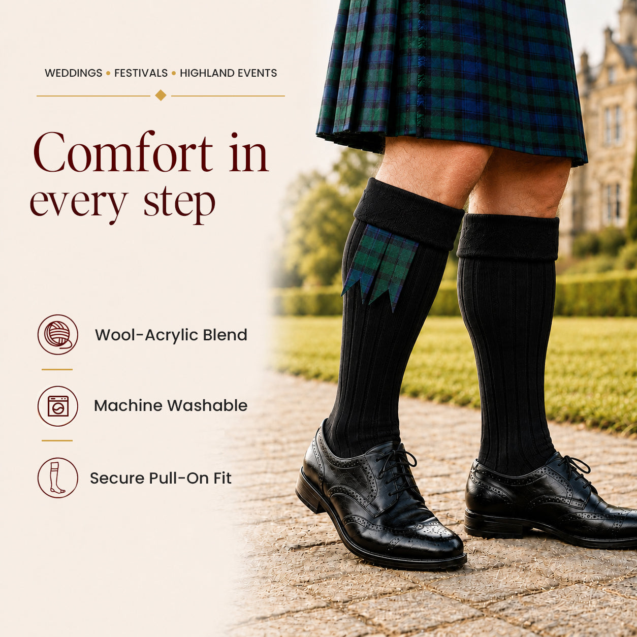 Comfortable Wool Blend Black Kilt Hose | High-Quality Kilt Socks