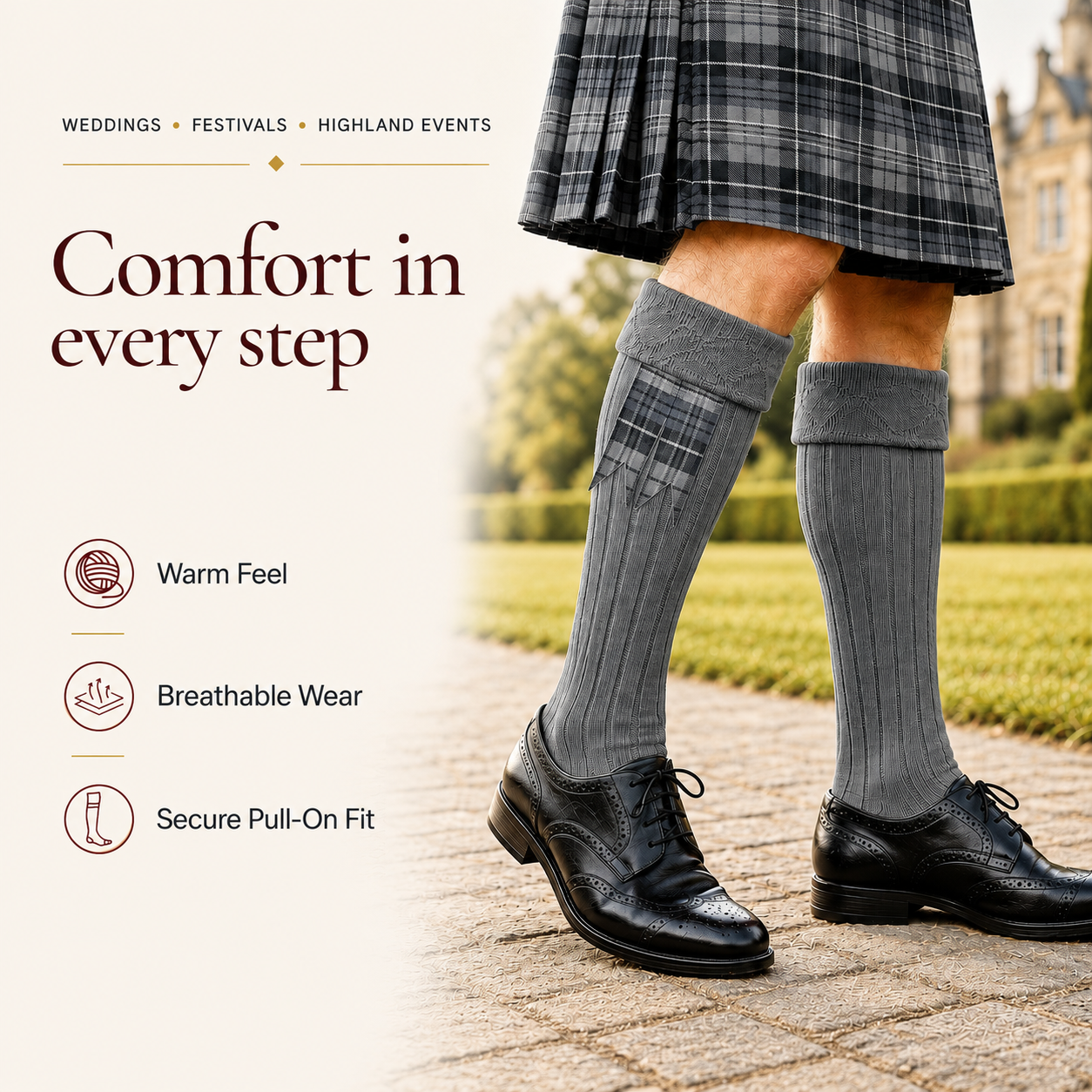 Comfortable Wool Blend Grey Kilt Hose | High-Quality Kilt Socks