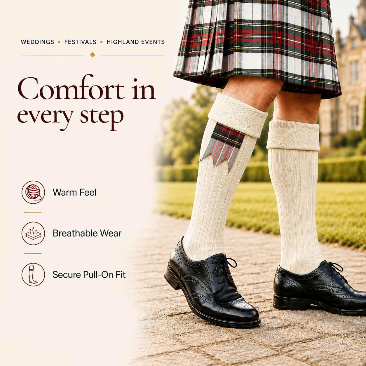 Comfortable Wool Blend Cream Kilt Hose | High-Quality Kilt Socks