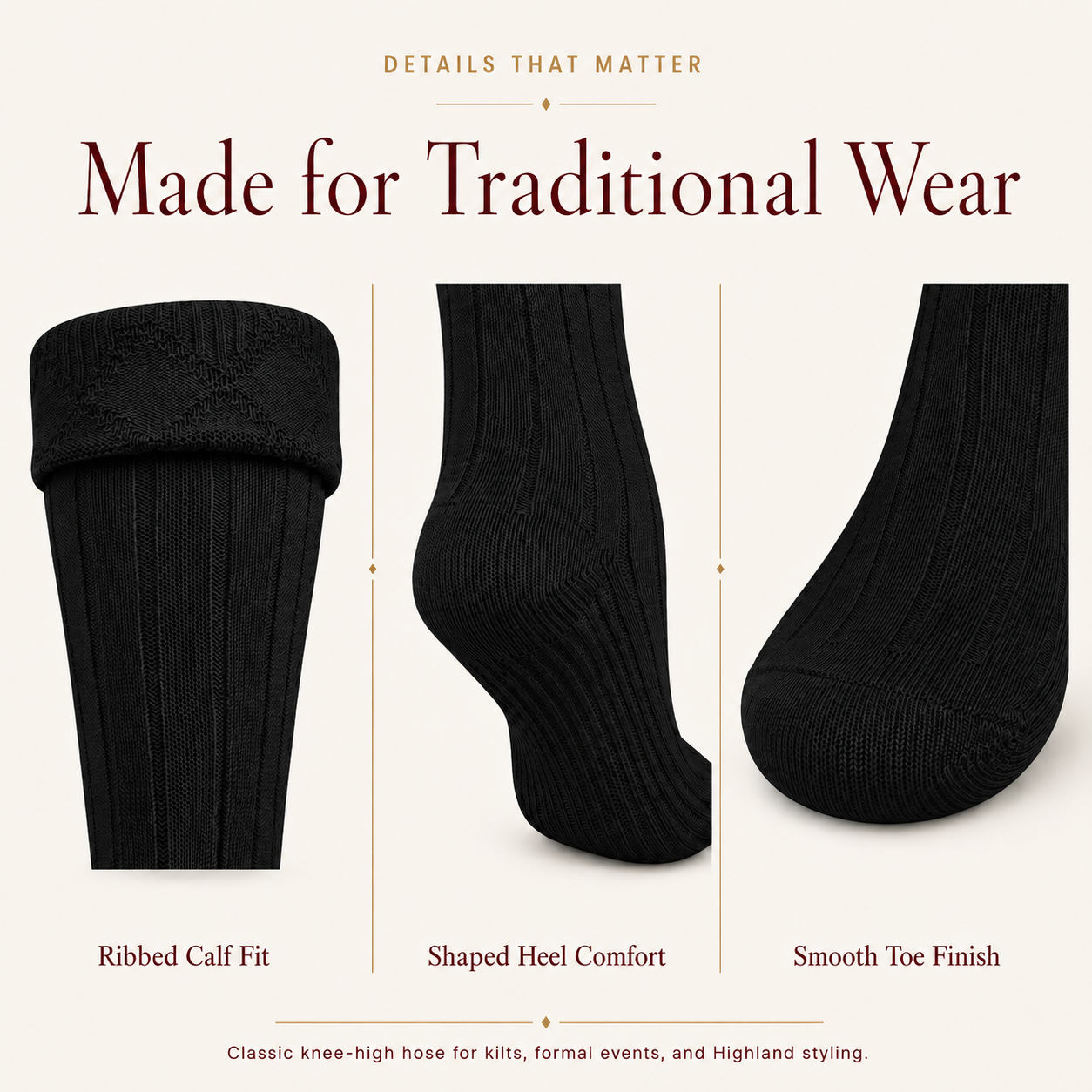Comfortable Wool Blend Black Kilt Hose | High-Quality Kilt Socks