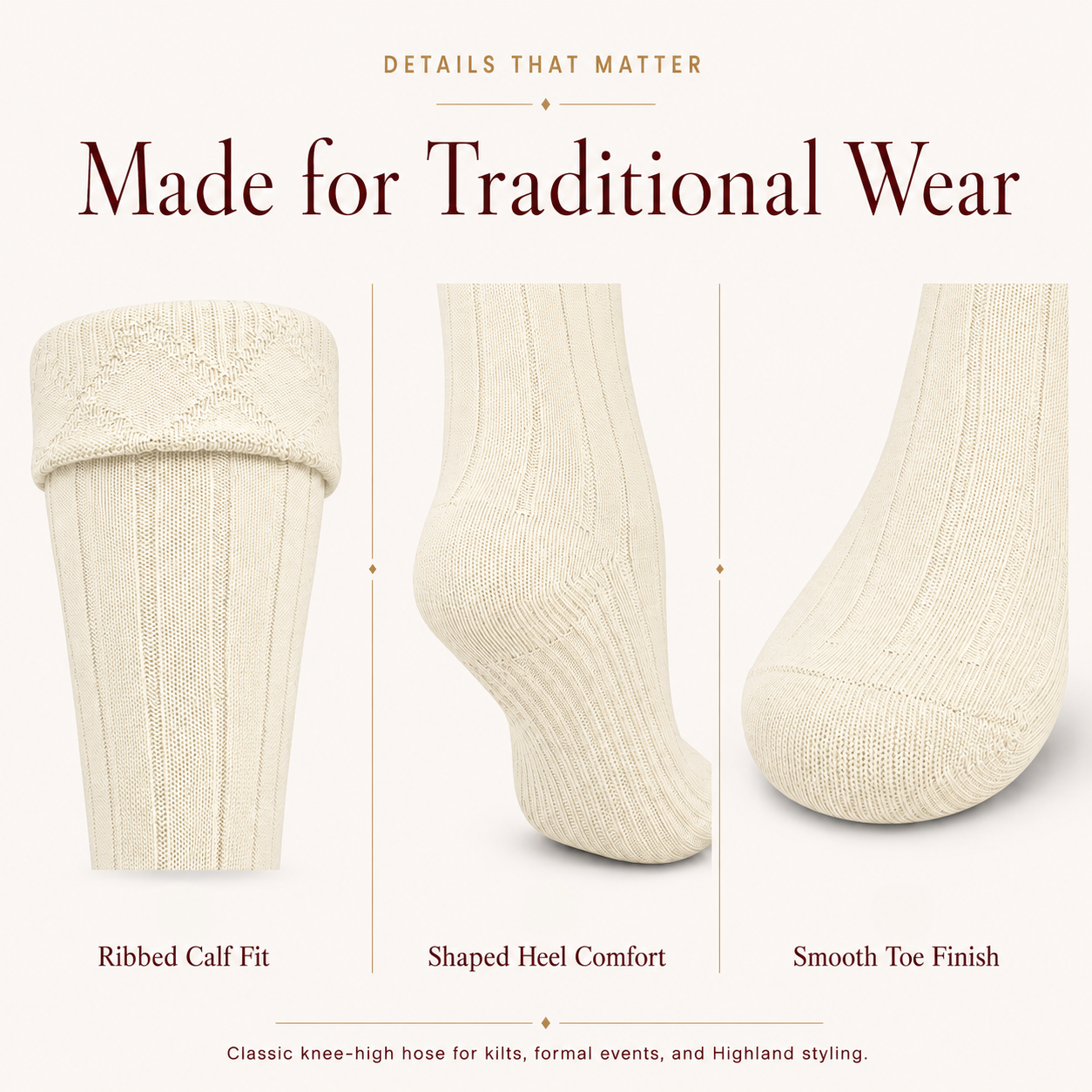 Comfortable Wool Blend Cream Kilt Hose | High-Quality Kilt Socks
