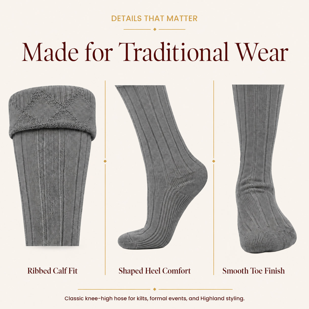 Comfortable Wool Blend Grey Kilt Hose | High-Quality Kilt Socks