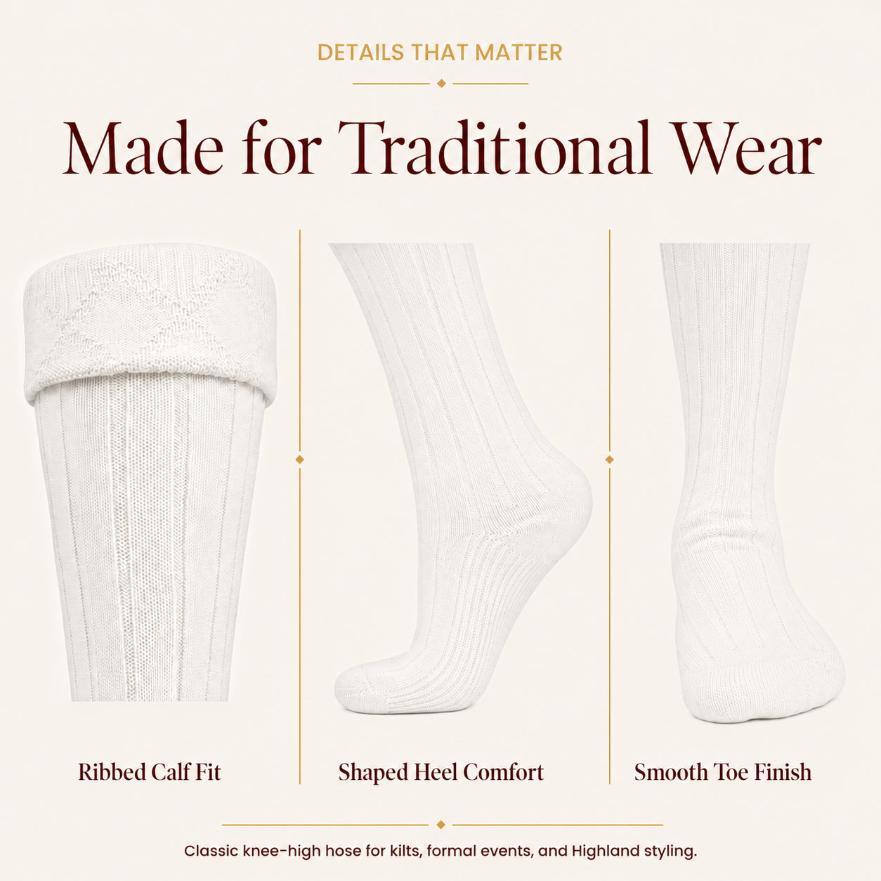 Comfortable Wool Blend White Kilt Hose | High-Quality Kilt Socks