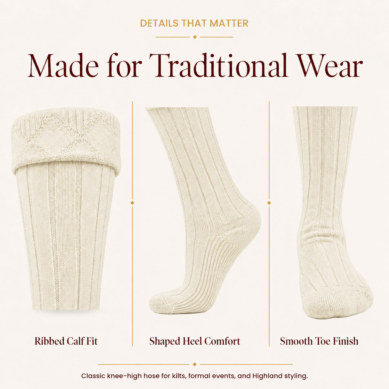 Comfortable Wool Blend Cream Kilt Hose | High-Quality Kilt Socks