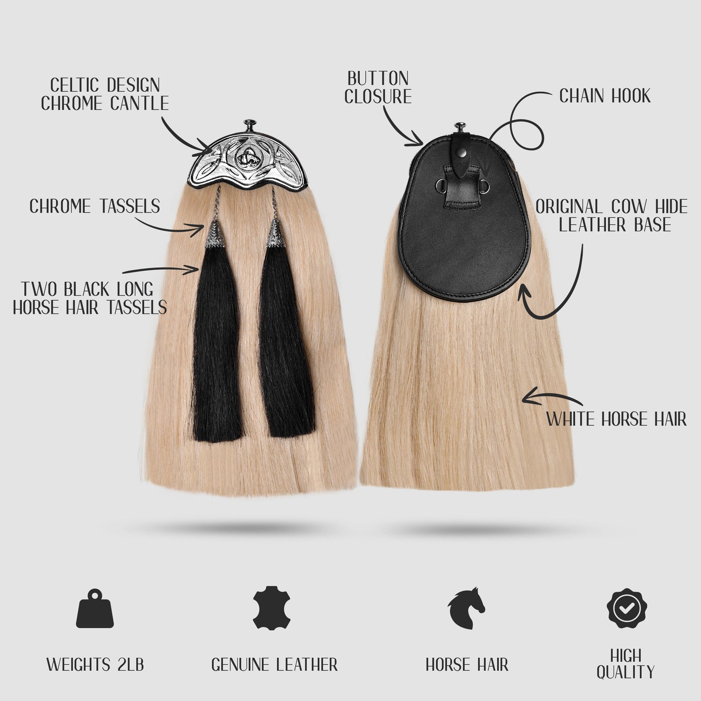 Full Dress Horse Hair Sporran with intricate Celtic Design Chrome Cantle, showcasing premium craftsmanship and luxurious materials.