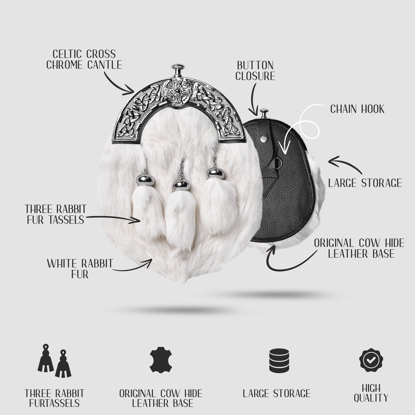 Formal White Rabbit Fur Sporran with Cross Chrome Cantle