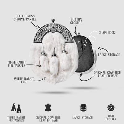 Formal White Rabbit Fur Sporran with Cross Chrome Cantle