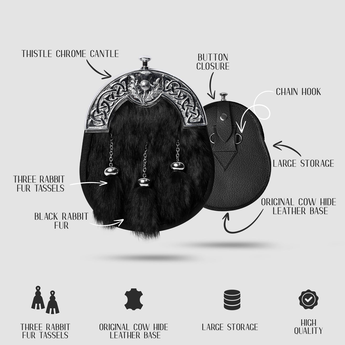 Black Rabbit Fur Sporran Chrome Cantle