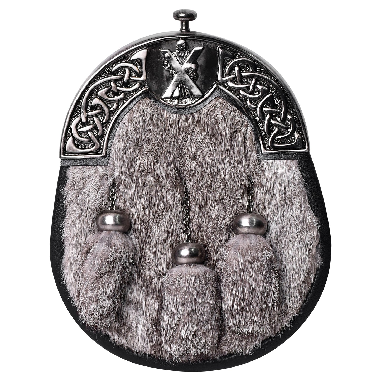 Grey Rabbit Fur Sporran Antique Cantle featuring genuine rabbit fur and an antique cantle design, perfect for formal Scottish dress.