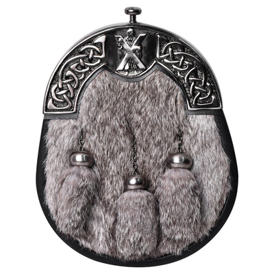 Grey Rabbit Fur Sporran Antique Cantle featuring genuine rabbit fur and an antique cantle design, perfect for formal Scottish dress.