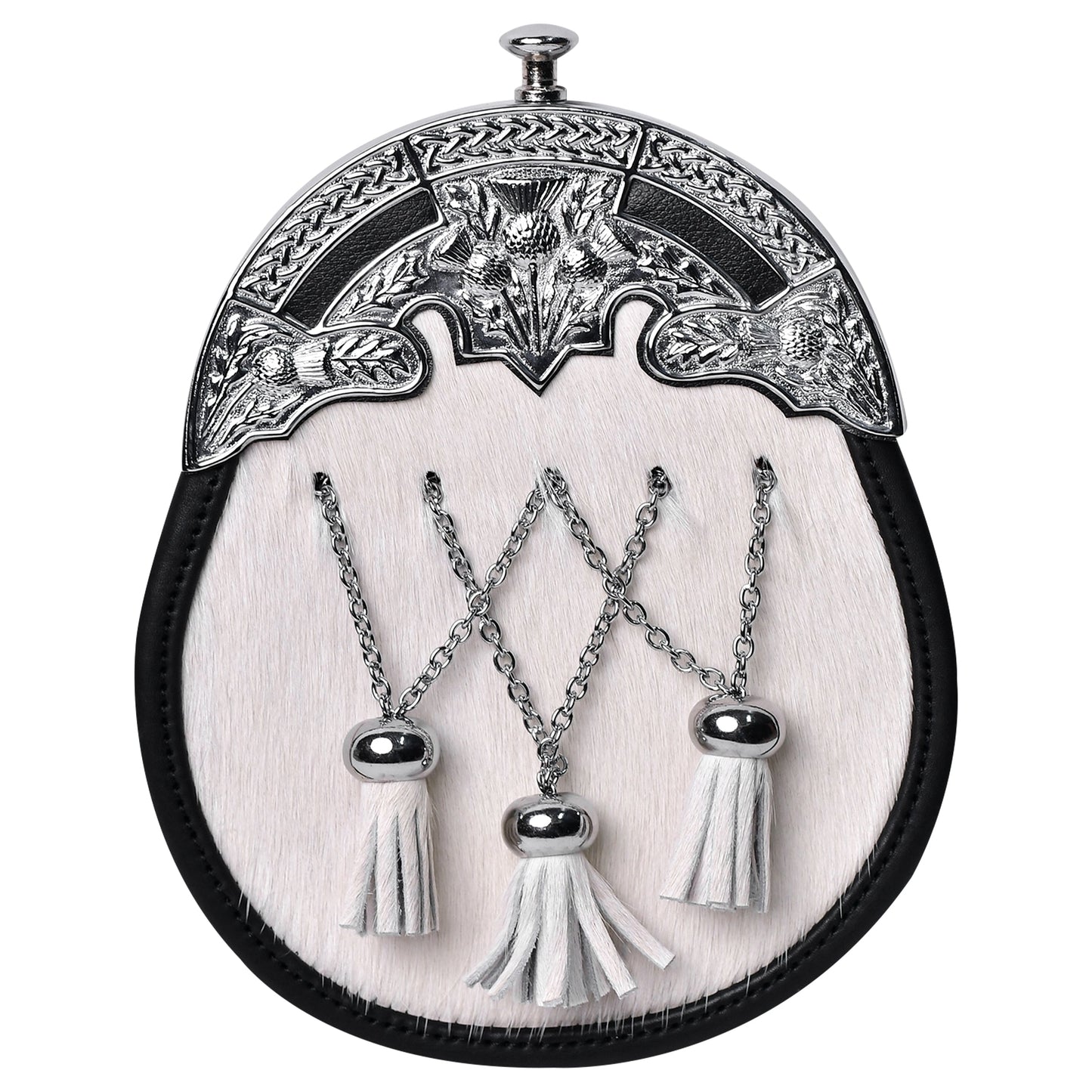Formal White Bovine Cross Chain Sporran with Thistle Chrome Cantle