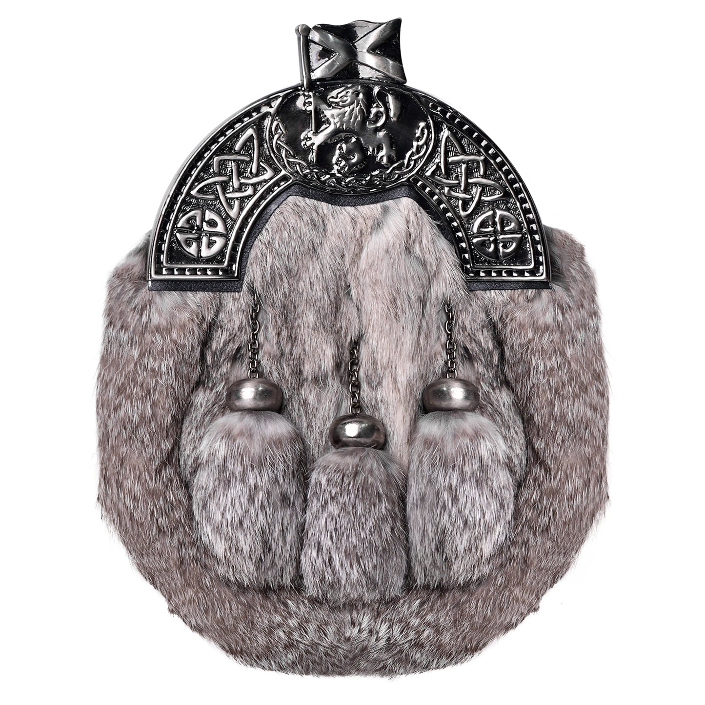 Grey Rabbit Fur Sporran Antique Cantle featuring genuine rabbit fur and an antique cantle design, perfect for formal Scottish dress.