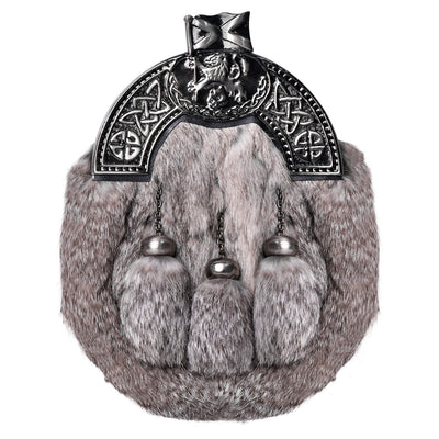 Grey Rabbit Fur Sporran Antique Cantle featuring genuine rabbit fur and an antique cantle design, perfect for formal Scottish dress.