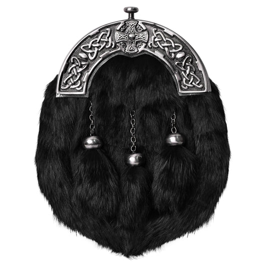 Formal Black Rabbit Fur Sporran with Black Cross Antique Cantle