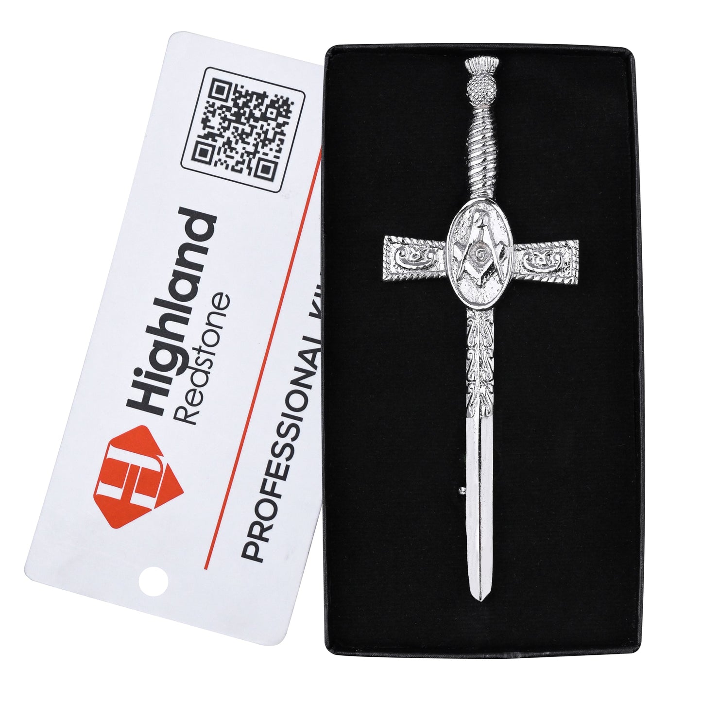 Chrome Masonic Thistle kilt pin with intricate design