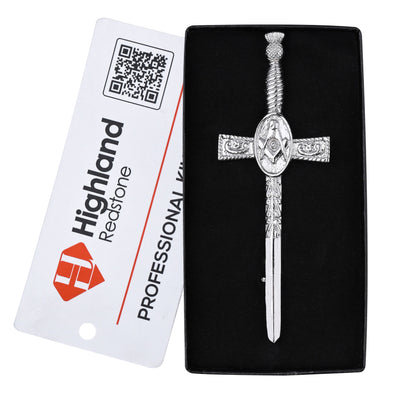 Chrome Masonic Thistle kilt pin with intricate design