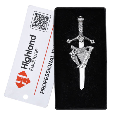 Chrome Irish Harp kilt pin with elegant design