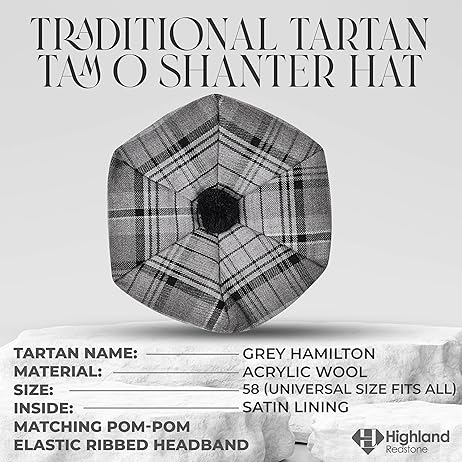 Tam O'Shanter Hat with Pompom | Grey Hamilton Tartan