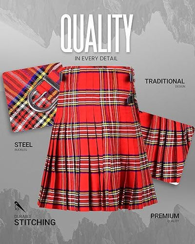 Men's Royal Stewart Tartan Kilt – 16oz Acrylic Wool, 5 Yards Traditional Scottish Kilt