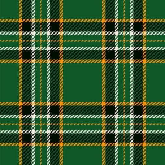 Irish Heritage Tartan pattern featuring green, blue, and gold hues, ideal for traditional Irish wear.