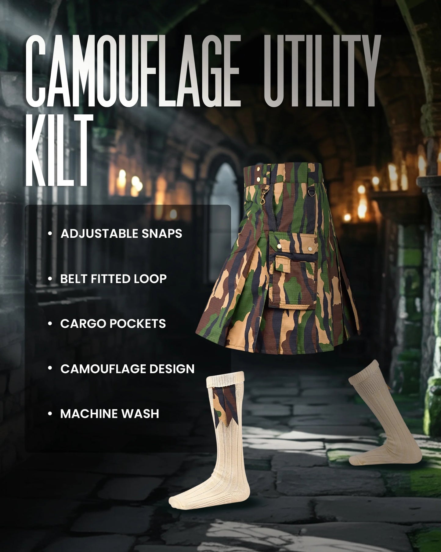 Camouflage Utility Kilt For Men - Rugged Ripstop Cotton tactical men kilt with brass hardware