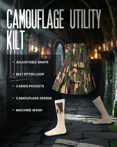 Camouflage Utility Kilt For Men - Rugged Ripstop Cotton tactical men kilt with brass hardware
