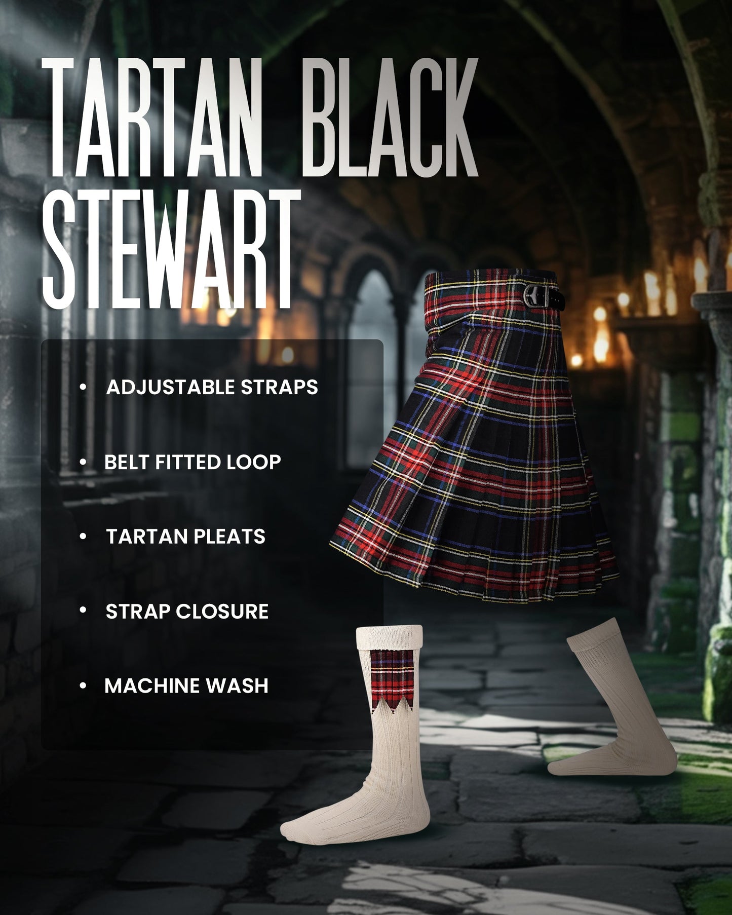 Kilt for Men I Black Stewart Tartan Kilt Polyviscose 8 Yard Traditional Men Kilt