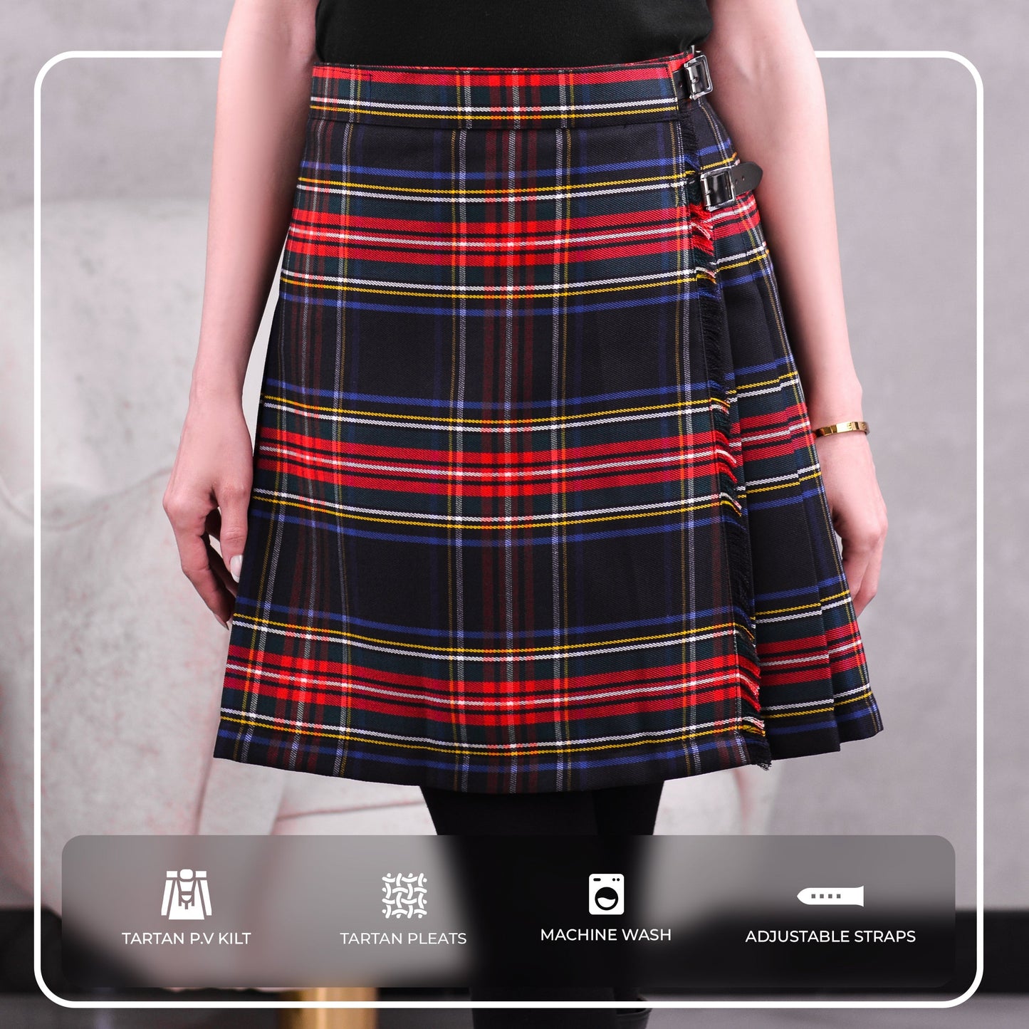 Woman Plaid Kilt - Black Stewart Tartan Kilt - Premium Quality & Timeless Style | Big & Tall