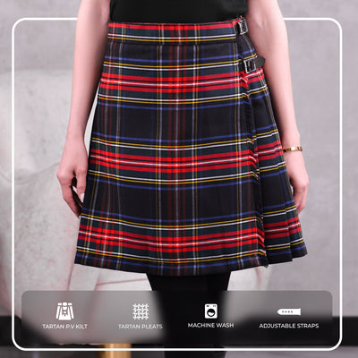 Woman Plaid Kilt - Black Stewart Tartan Kilt - Premium Quality & Timeless Style | Big & Tall