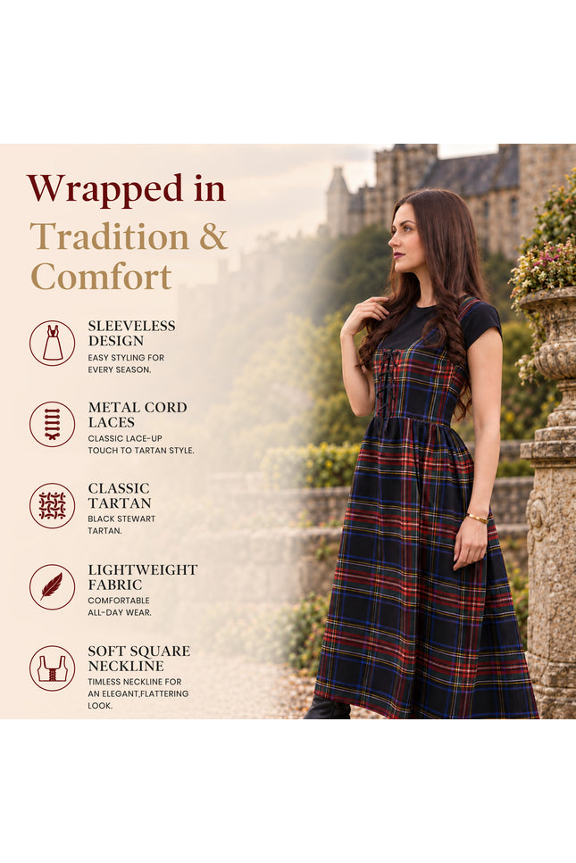 Women's Scottish Highland Dress - Long Tartan Dress | Black Stewart