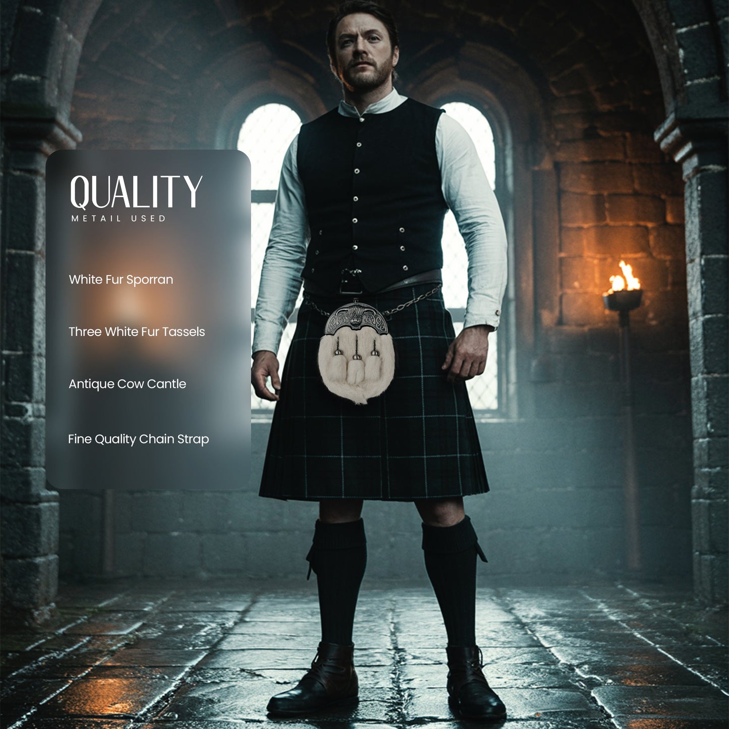White Rabbit Fur Sporran with Highland Cow Antique Finish Cantle