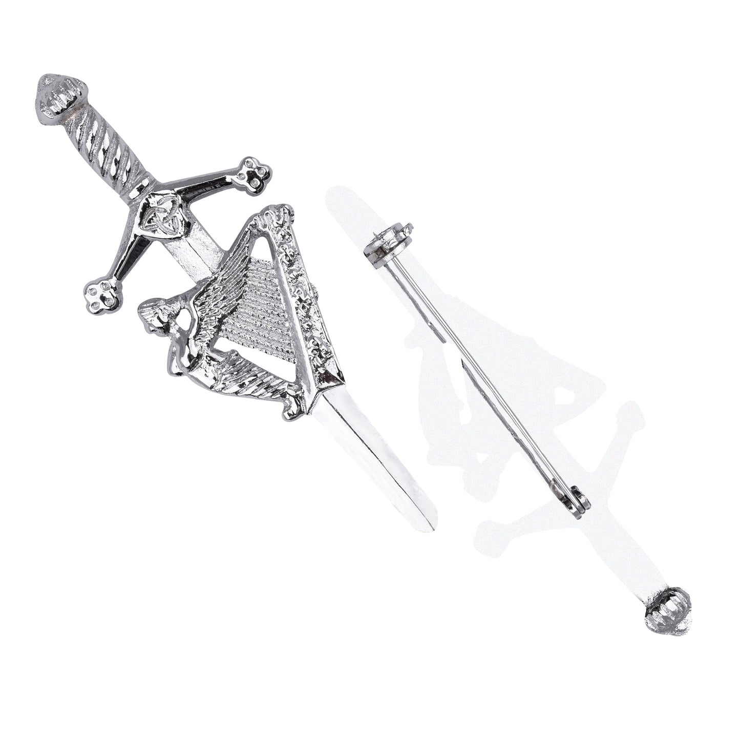 Chrome Irish Harp kilt pin with elegant design