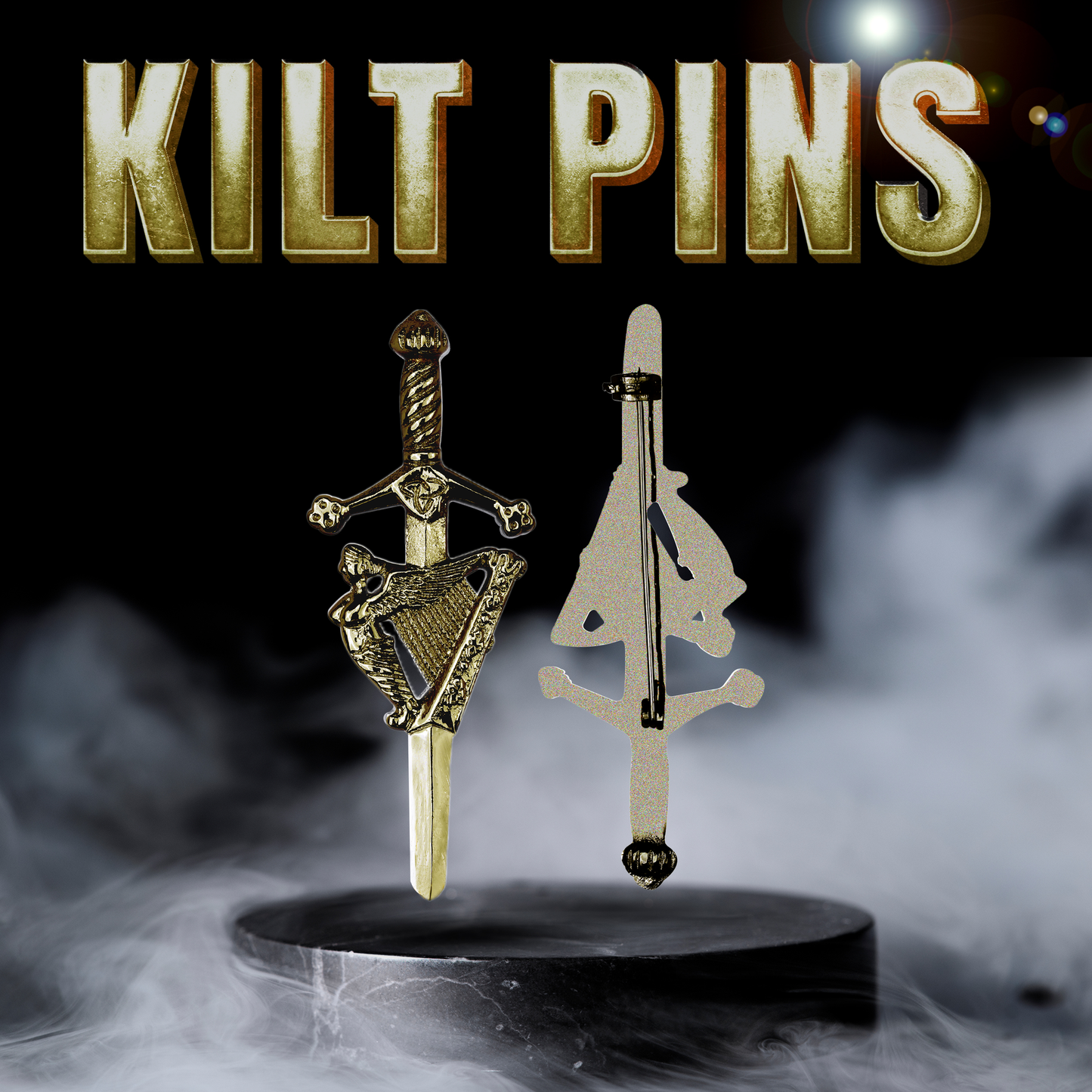 Antique Kilt Pin with a detailed Irish Harp design, perfect for adding elegance to your kilt outfit.