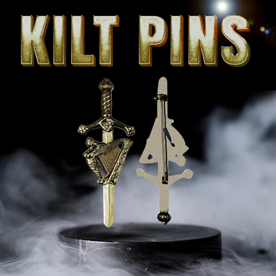 Antique Kilt Pin with a detailed Irish Harp design, perfect for adding elegance to your kilt outfit.