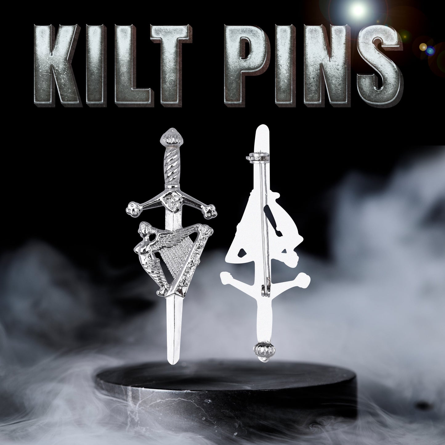 Chrome Irish Harp kilt pin with elegant design