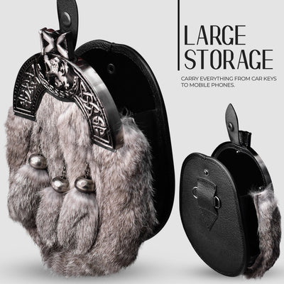 Grey Rabbit Fur Sporran Antique Cantle featuring genuine rabbit fur and an antique cantle design, perfect for formal Scottish dress.