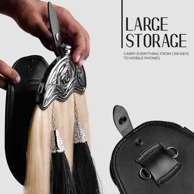 Full Dress Horse Hair Sporran with intricate Celtic Design Chrome Cantle, showcasing premium craftsmanship and luxurious materials.