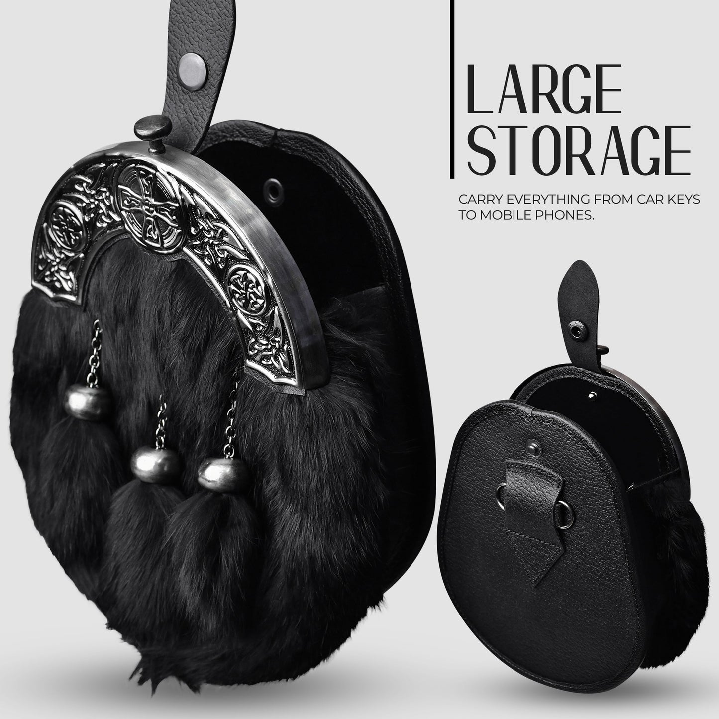 Formal Black Rabbit Fur Sporran with Black Celtic Antique Cantle