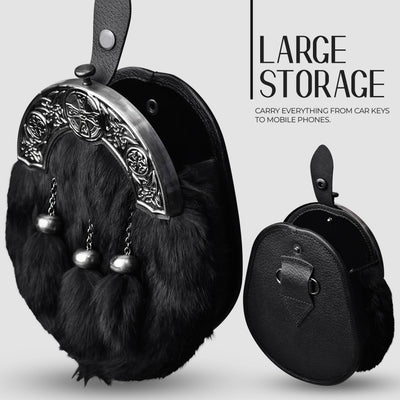 Formal Black Rabbit Fur Sporran with Black Celtic Antique Cantle