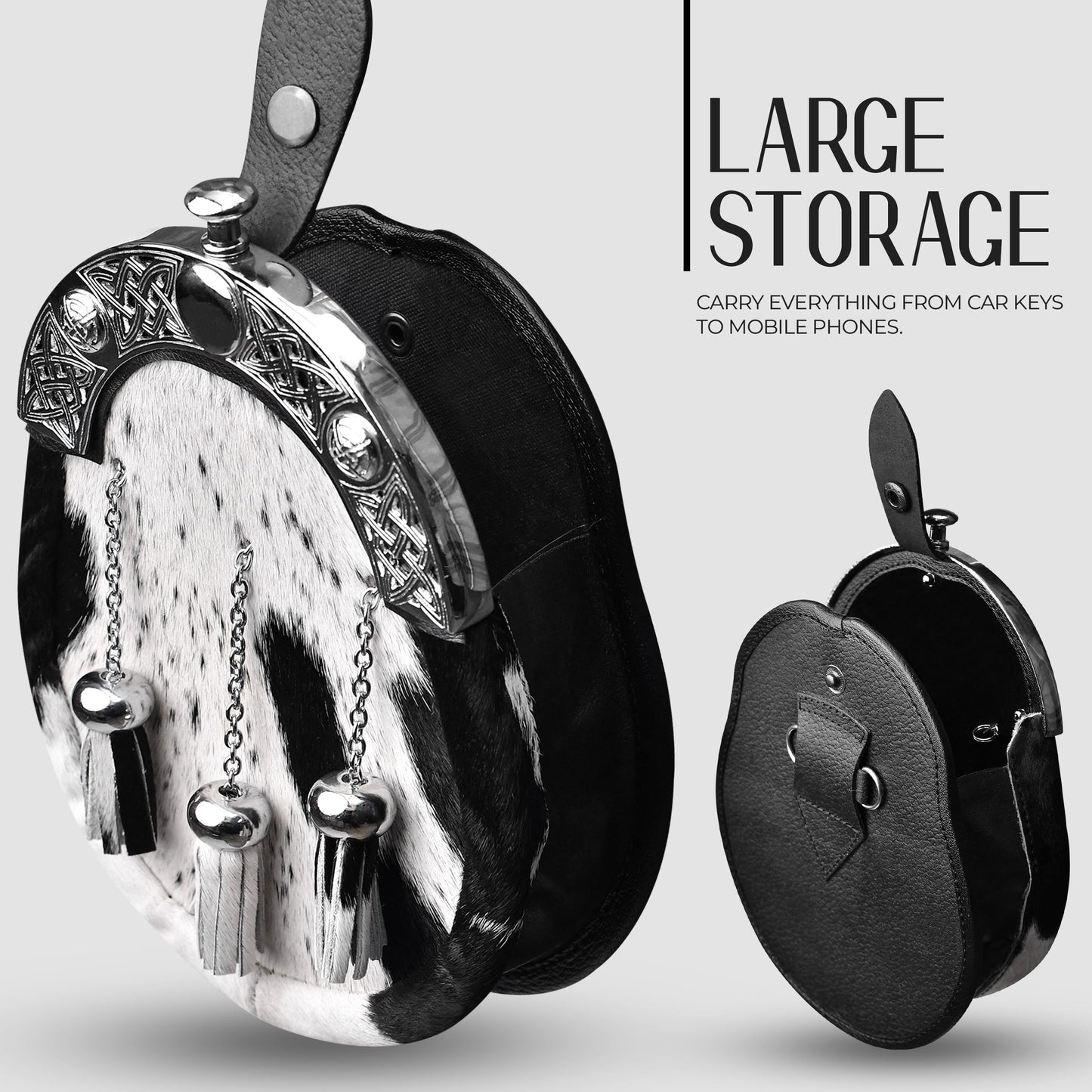 Formal White & Black Bovine Sporran with Celtic Chrome Cantle