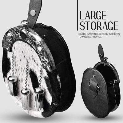 Formal White & Black Bovine Sporran with Celtic Chrome Cantle