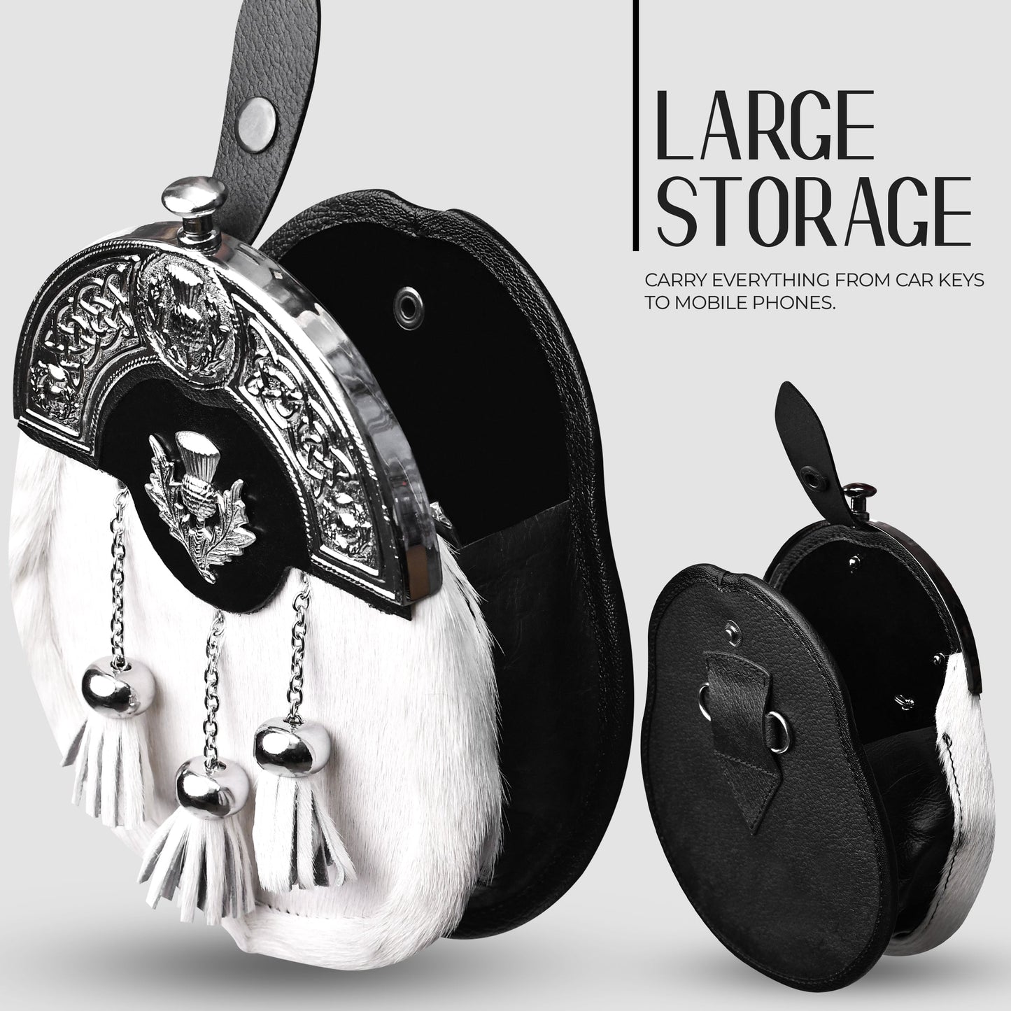 Formal White Bovine Sporran With Targe Leather Cantle