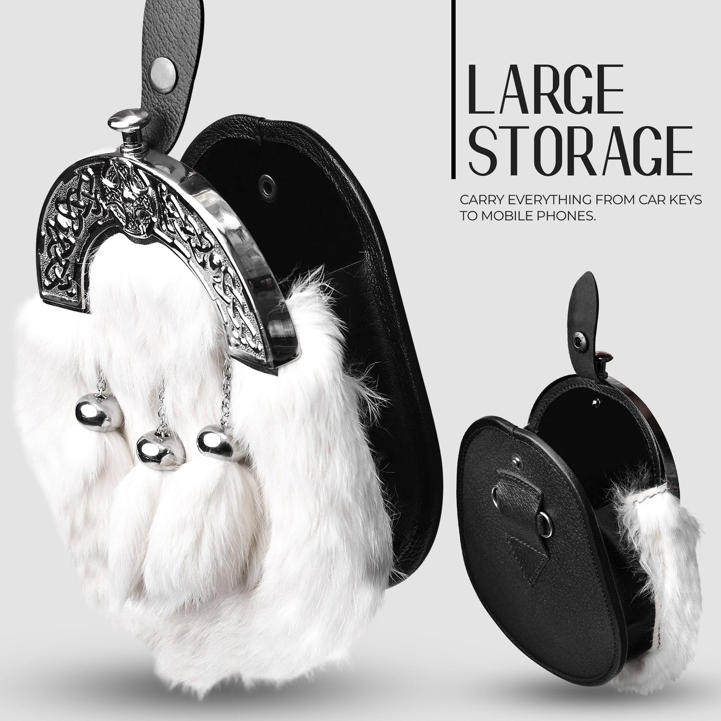 Formal White Rabbit Fur Sporran with Cross Chrome Cantle